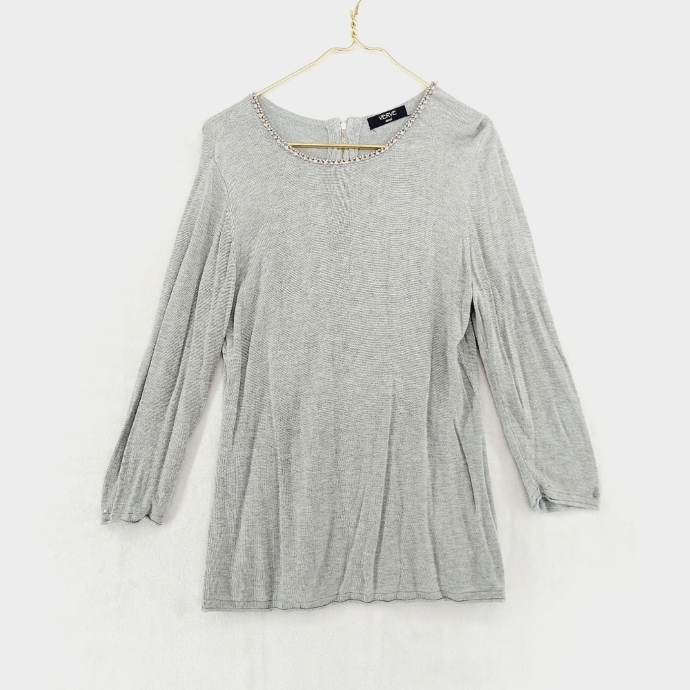 Verve Ami Gray Long Sleeve Crew Beaded Neckline Zip Back Blouse P6946